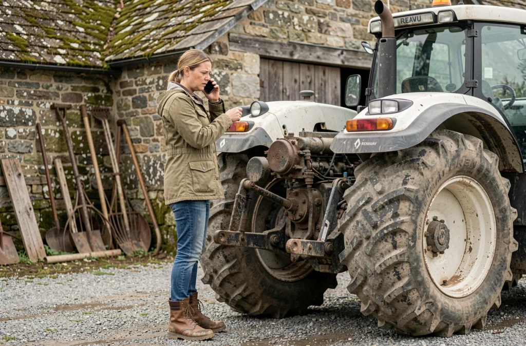 Agricultrice téléphonant à côté d'un tracteur Renault en panne moteur près d'une grange