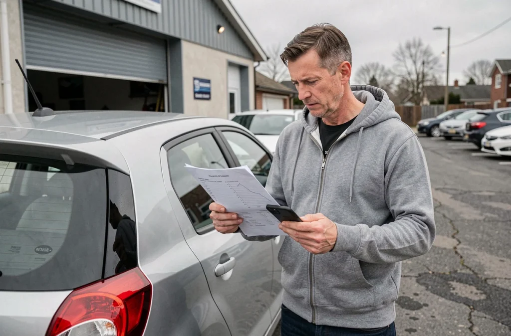 Propriétaire de voiture analysant les résultats de puissance sur banc après une reprogrammation du moteur 1.6 HDi
