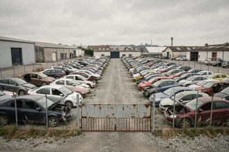 Vue extérieure d'une casse automobile à Loos près de Lille avec rangées de voitures désossées et clôture métallique
