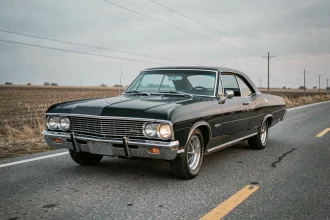 Chevrolet Impala 1967 noire style Supernatural garée sur une route déserte américaine, vue 3/4 avant