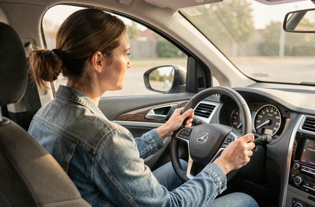 Conductrice consultant le compteur de vitesse mph et kph dans une voiture de location