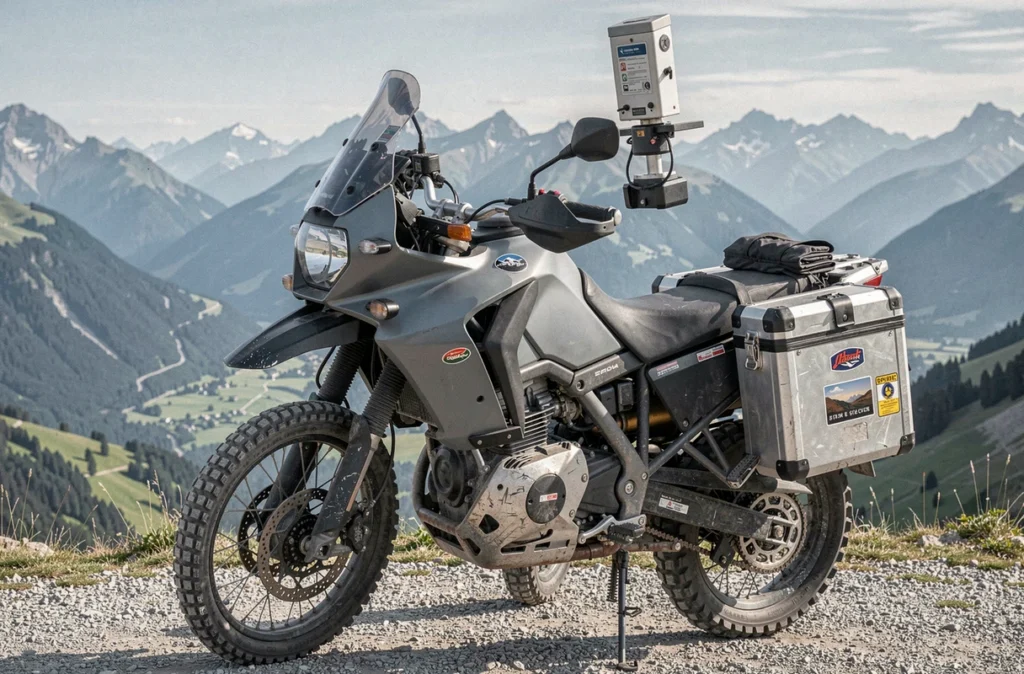 Détail d'un trail moto aventure équipé de valises aluminium garé sur un belvédère dans les Alpes françaises