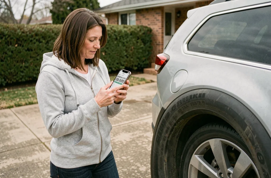 Femme consultant un tableau de charge de pneu sur smartphone devant un SUV garé dans une allée résidentielle