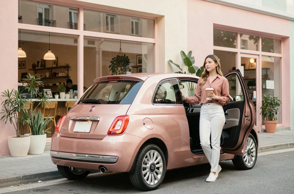 Jeune femme sortant de sa Fiat 500 rose gold devant un café tendance avec café à la main