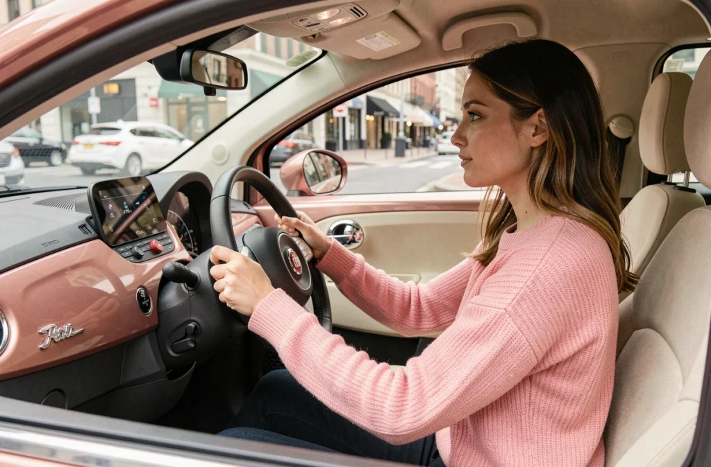 Intérieur de la Fiat 500 rose gold avec une conductrice au volant dans un cadre urbain
