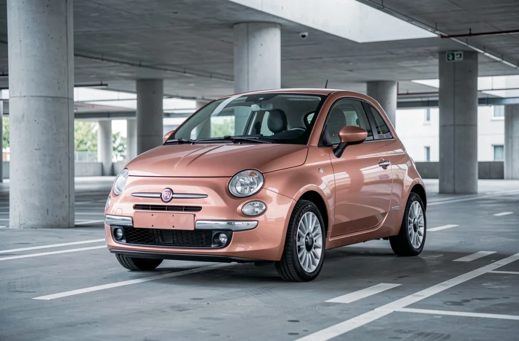 Fiat 500 rose gold photographiée en contre-plongée dans un parking urbain moderne