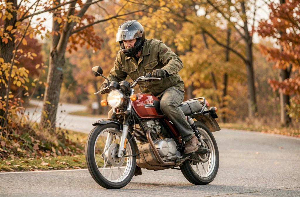 Motard en veste textile vert olive pilotant une Honda XL 500 en virage sur une route rurale bordée d'arbres aux couleurs automnales