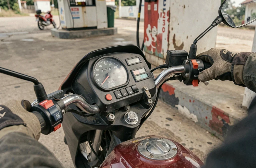 Gros plan sur le tableau de bord et le cockpit de la Honda XL 500 avec les mains gantées du pilote au repos sur le guidon, arrêt à une station-service rurale
