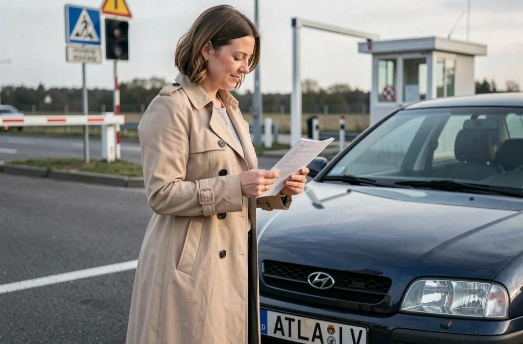 Femme tenant des documents d'importation devant une voiture avec plaque lettone LV à un poste frontière