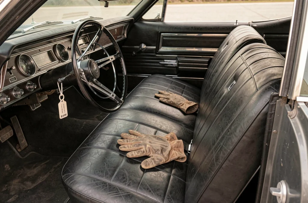 Intérieur authentique d'une Chevrolet Impala 1967 restaurée avec sièges en vinyle noir et tableau de bord chromé style années 60