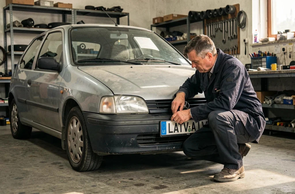 Mécanicien inspectant une plaque d'immatriculation lettone LV sur une voiture d'occasion