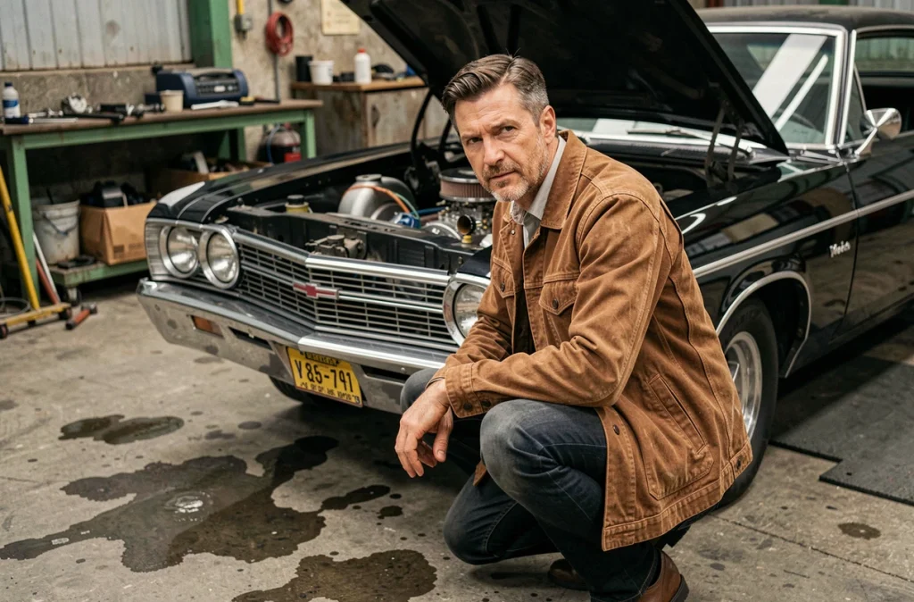 Mécanicien inspectant le moteur V8 d'une Chevrolet Impala 1967 noire dans un garage style tuning Supernatural