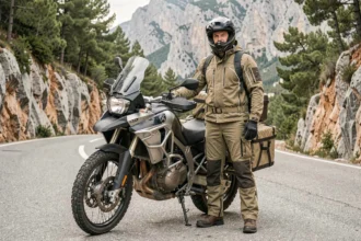 Motard équipé en tenue d'aventure debout près d'un trail moto chargé de valises sur une route de montagne en France