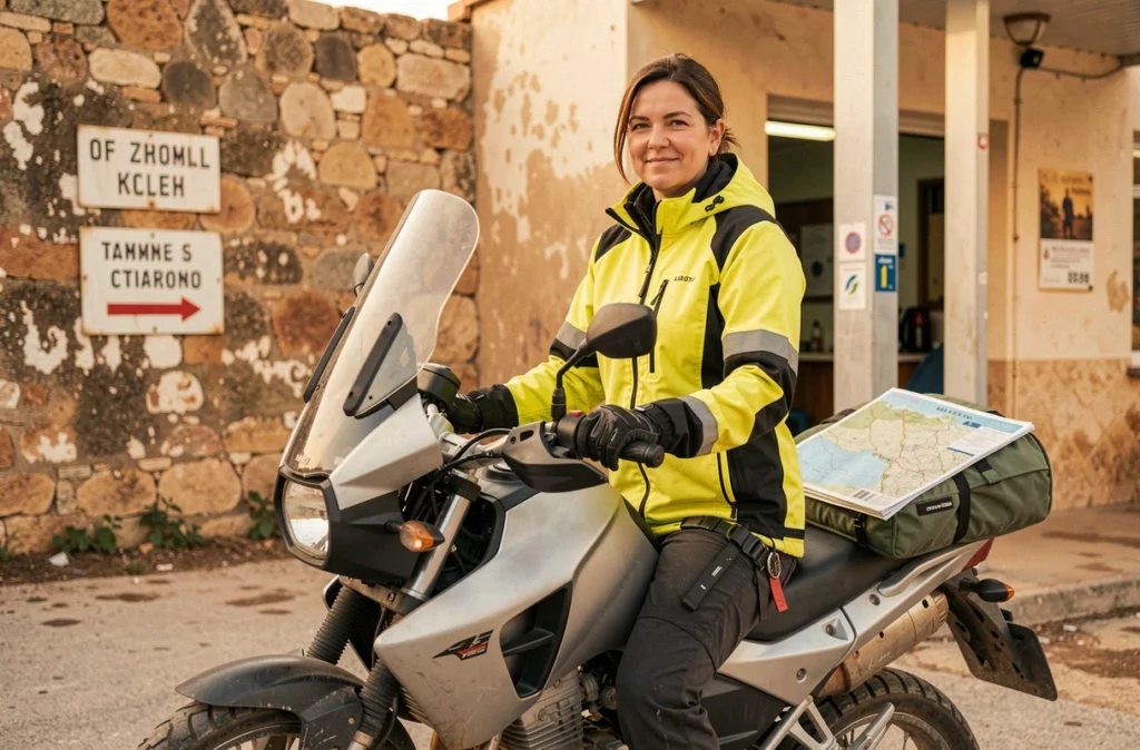 Motarde faisant une pause dans une station-service rurale en Espagne avec une carte routière sur son trail moto