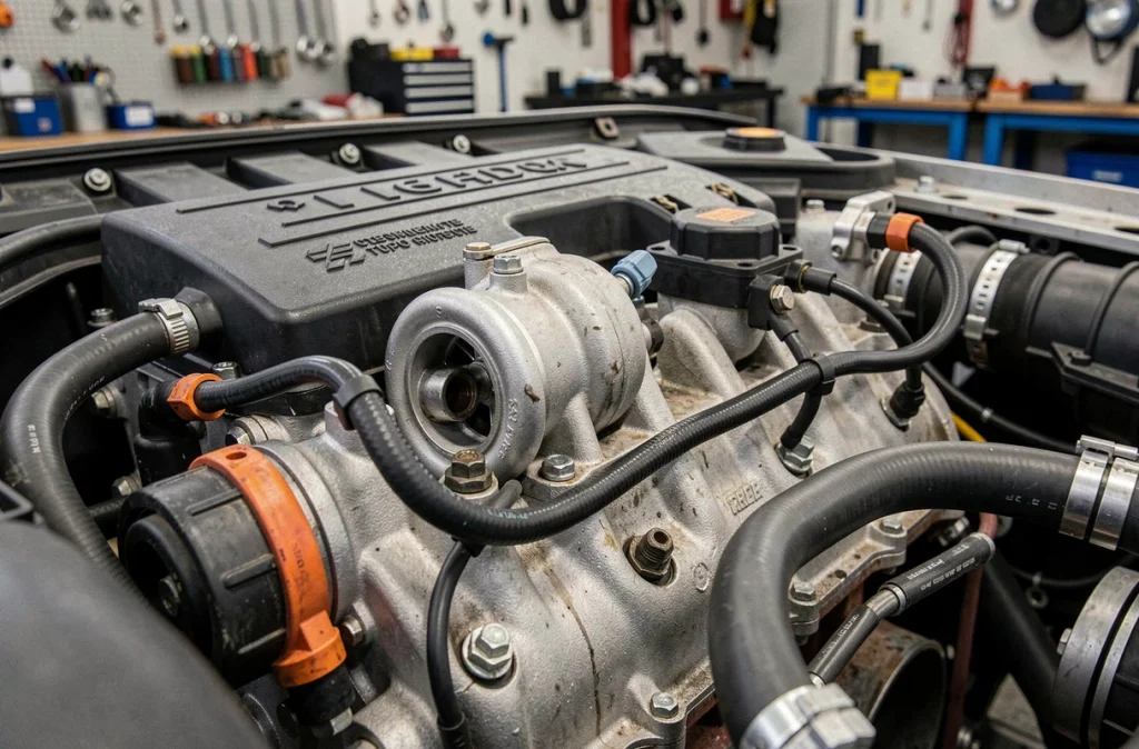 Vue rapprochée du compartiment moteur 1.6 HDi turbo montrant le turbocompresseur et le faisceau de câblage lors d'une reprogrammation