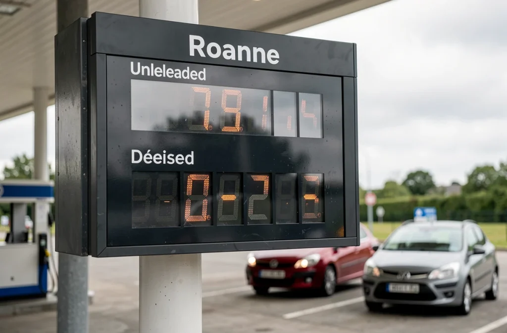 Panneau d'affichage des prix de l'essence dans une station-service près de Roanne, tarifs sans plomb et diesel visibles