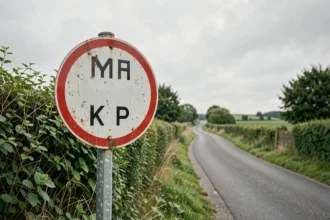 Panneau de limitation de vitesse bilingue mph et kph au bord d'une route de campagne britannique