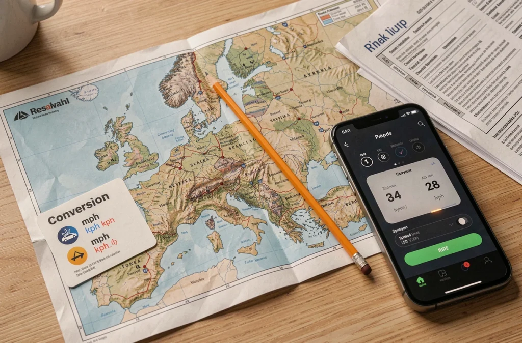 Planification d'un voyage en voiture avec carte de conversion des vitesses mph en kph et documents de location