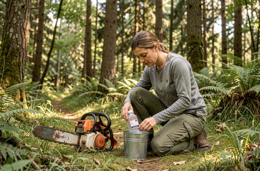 Femme préparant un mélange essence huile pour tronçonneuse en forêt