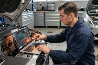 Technicien automobile connectant un câble OBD2 à l'interface de diagnostic d'un véhicule pour une reprogrammation moteur 1.6 HDi