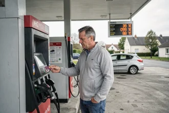 Automobiliste faisant le plein d'essence dans une station-service en périphérie de Roanne, prix affiché sur le tableau tarifaire