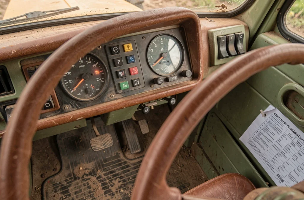 Tableau de bord d'un tracteur Renault avec voyants de sécurité moteur allumés