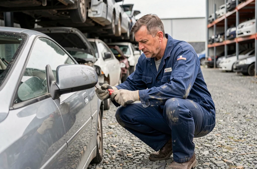 Technicien de casse automobile démontant une pièce sur une voiture dans un chantier de recyclage à Loos