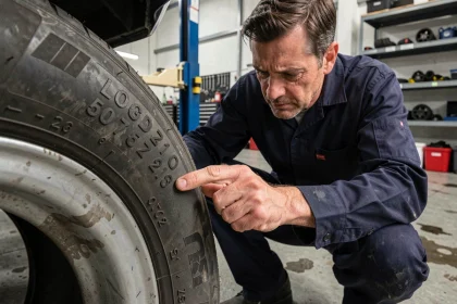 Technicien automobile examinant les indices de charge et de vitesse gravés sur le flanc d'un pneu dans un garage professionnel