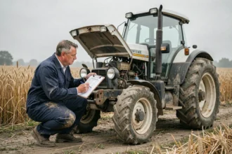 Mécanicien agricole inspectant le moteur d'un tracteur Renault en sécurité dans un champ