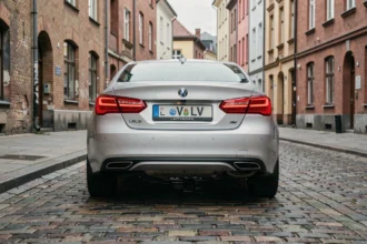 Voiture immatriculée en Lettonie avec plaque LV garée dans une rue de Riga