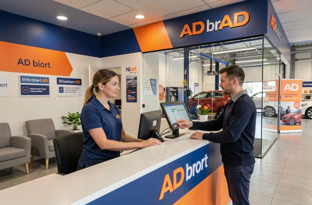 Réception de l'AD Garage Niort avec conseillère accueillant un client pour une prise en charge véhicule