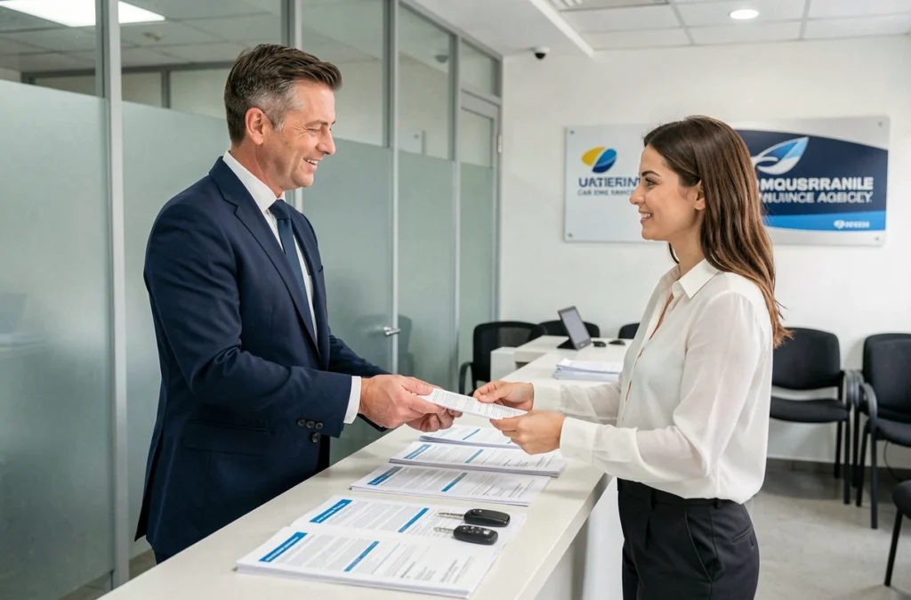 Homme en agence d'assurance automobile en train de signer des documents avec un conseiller