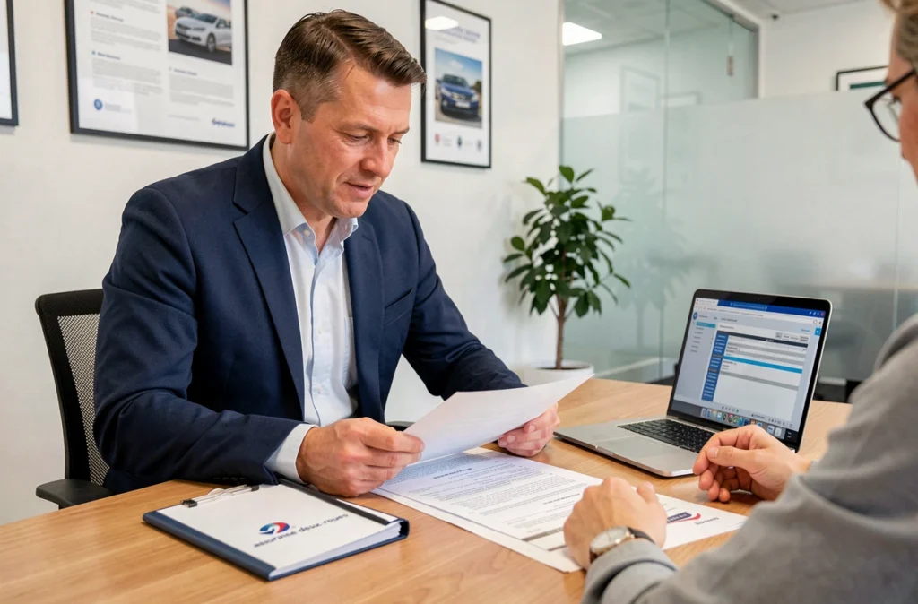Agent d'assurance présentant une offre d'assurance scooter 50cc sans BSR à un client dans une agence moderne, documents et formulaire sur le bureau