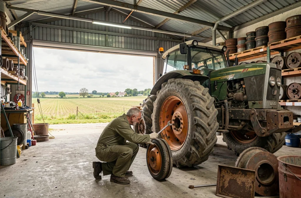 Mécanicien d'Agri Auto 79 réparant un tracteur agricole dans un atelier rural des Deux-Sèvres