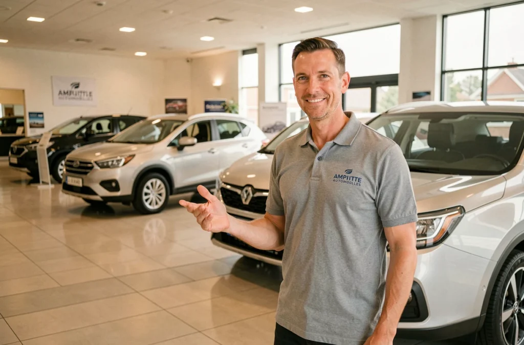 Conseiller commercial d'Amplitude Automobiles à Quimper présentant un SUV d'occasion dans le showroom de la concession
