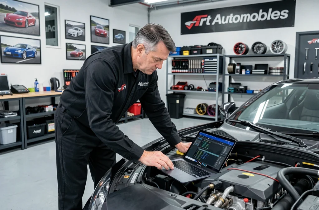 Mécanicien spécialisé d'Art Automobiles à Saint-Étienne effectuant un réglage moteur sur un coupé sportif