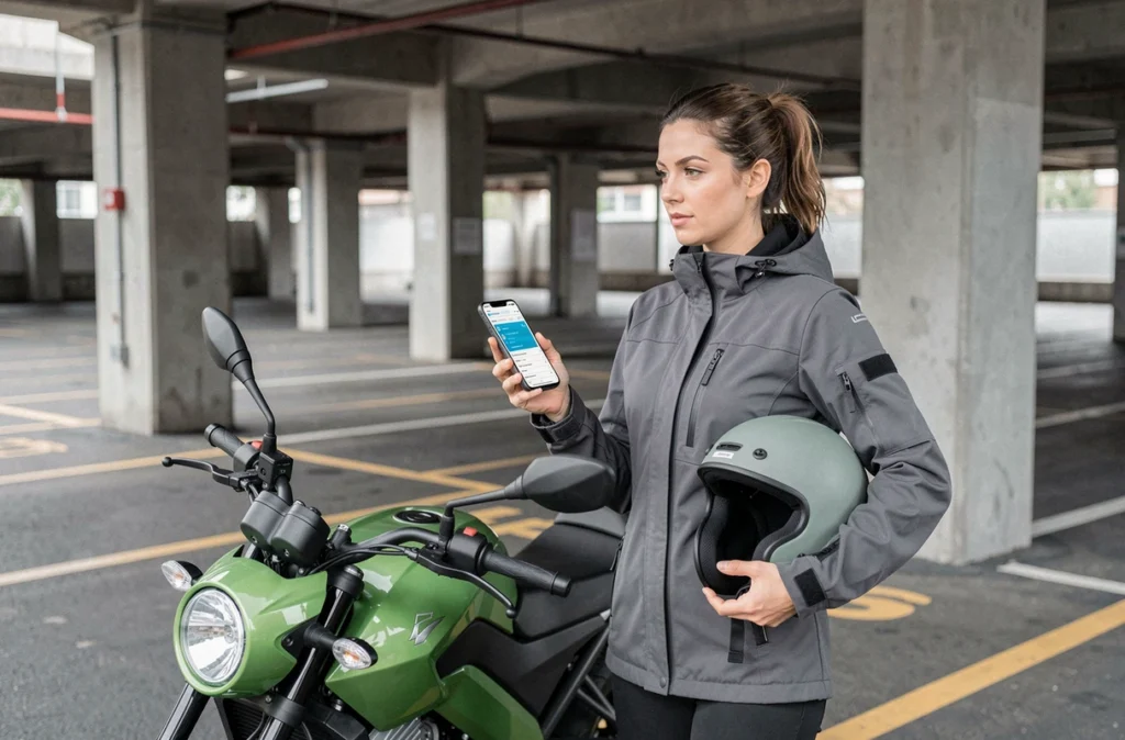 Femme consultant une comparaison d'assurance moto verte sur smartphone en parking urbain