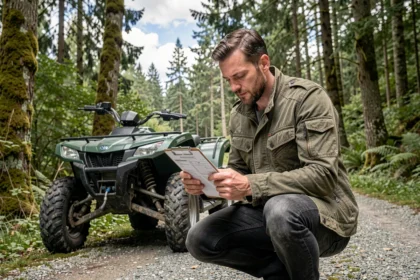 Homme examinant un document d'assurance quad vert en milieu forestier