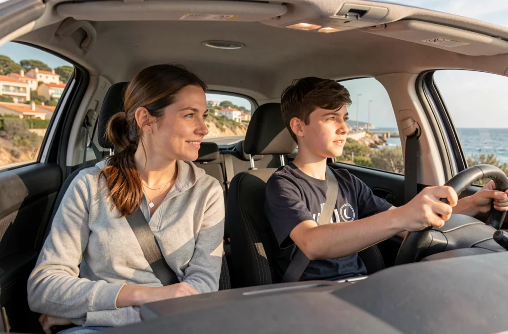 Monitrice de l'auto-école Académique de Cagnes guidant son élève au volant lors d'une leçon sur les routes de Cagnes-sur-Mer avec la Côte d'Azur en arrière-plan