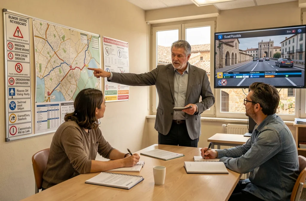 Moniteur de l'auto-école Carnot à Avignon expliquant un itinéraire à des élèves en salle de cours, avec une carte routière et des supports pédagogiques visibles