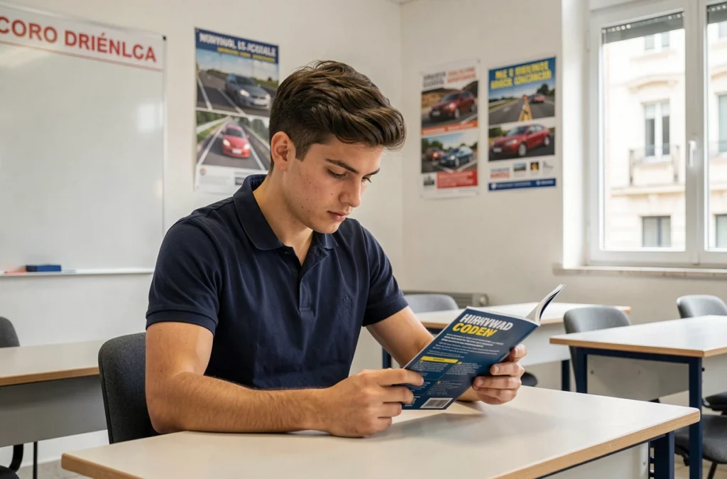 Étudiant dans la salle de code de l'auto-école Cinq-Avenues à Marseille, révisant le code de la route avec attention