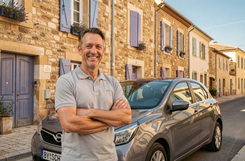 Moniteur de l'auto-école du Salon posant devant une voiture de conduite à Salon-de-Provence, avec l'architecture provençale en arrière-plan