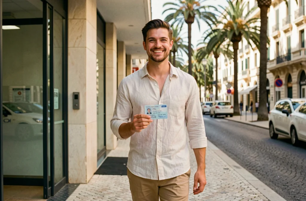 Jeune homme souriant sortant de l'auto-école F1 à Nice avec son permis de conduire fraîchement obtenu, dans une rue ensoleillée de Nice