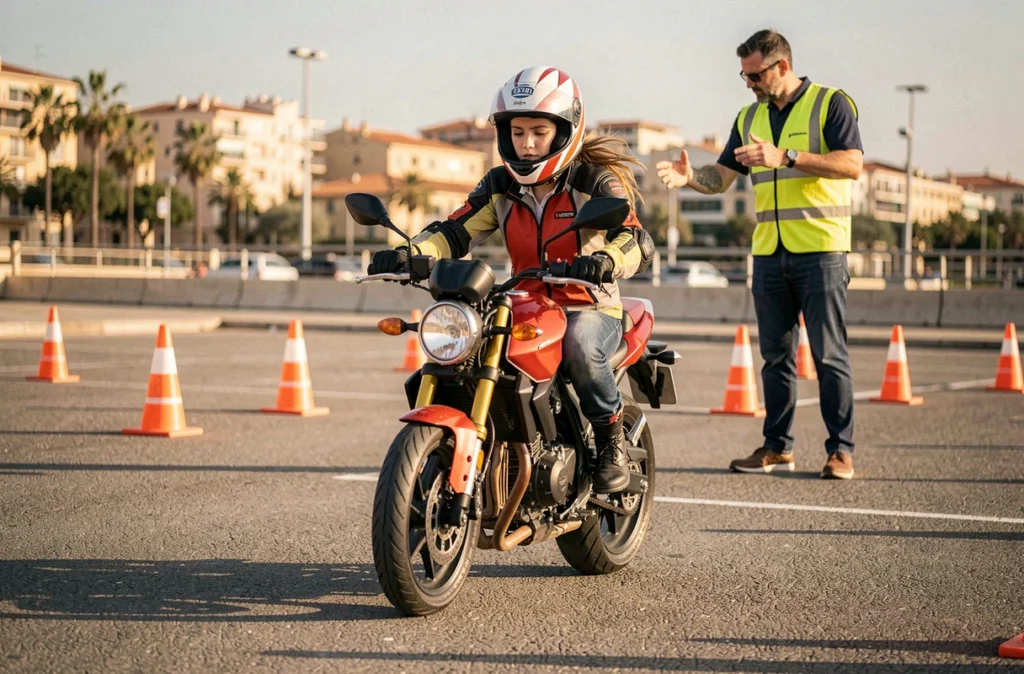 Jeune femme en formation moto à l'Auto Moto École du Lancier à Marseille, pratiquant des manœuvres avec équipement de sécurité complet