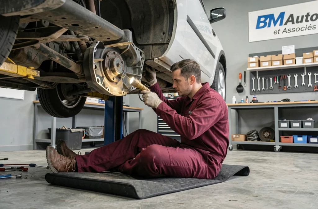 Mécanicien de BM Auto et Associés à Roche-la-Molière inspectant la boîte de vitesses d'une berline surélevée