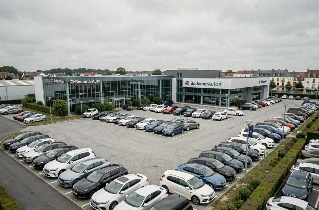 Campus de la concession BodemerAuto à Rennes avec un grand lot de voitures d'occasion et bâtiment moderne en verre