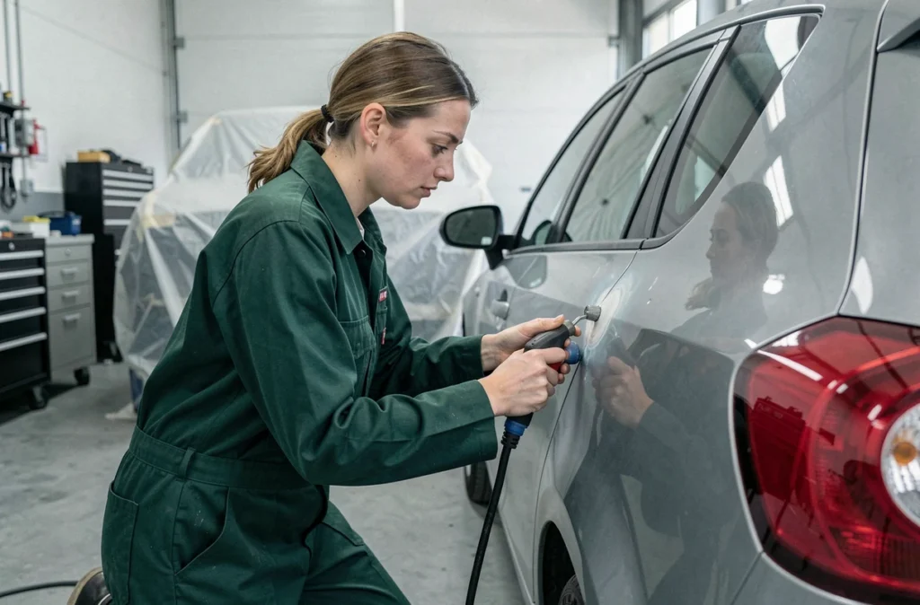 Technicienne de Carrosserie Fayolle dans la Loire utilisant un outil de débosselage sur une portière