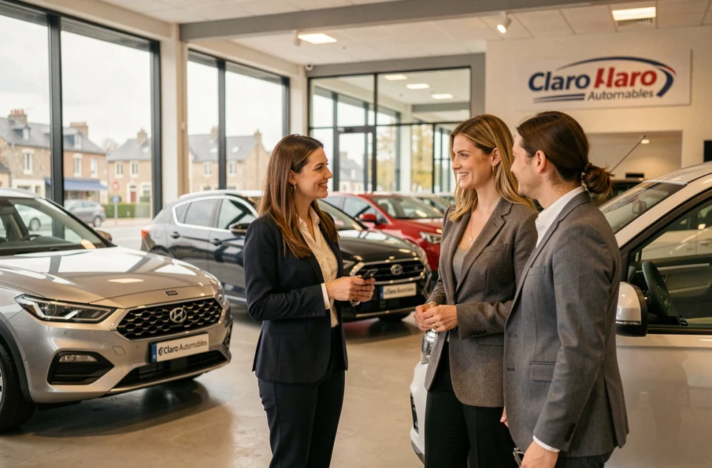 Intérieur du showroom de Claro Automobiles à Vannes avec une conseillère discutant avec des clients devant des voitures d'occasion