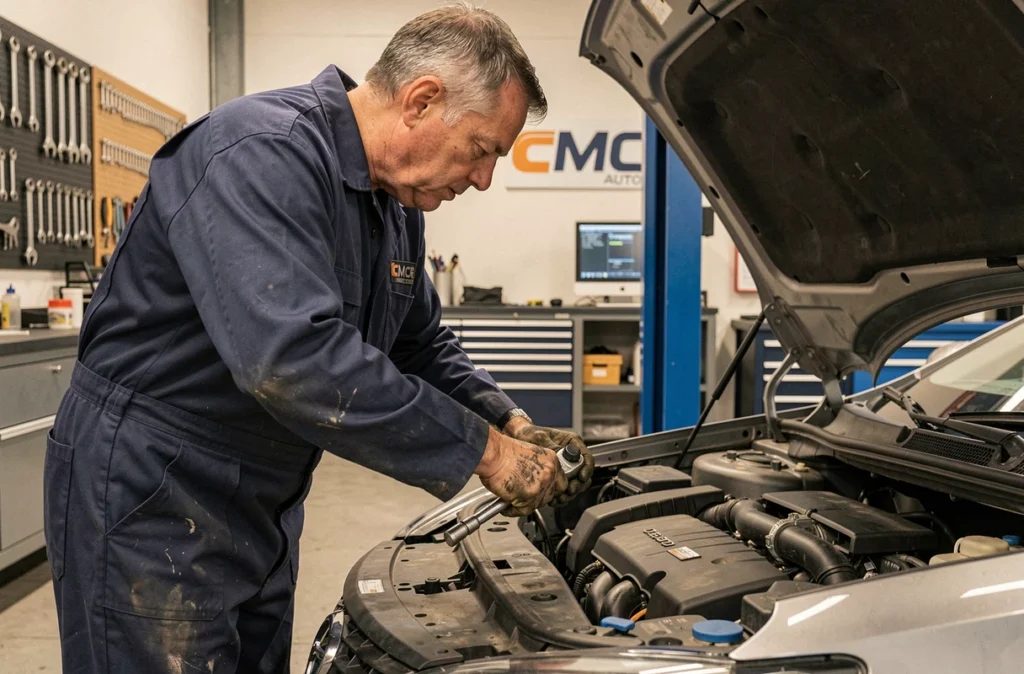 Mécanicien de CMC Auto à Roanne travaillant sous le capot d'une berline avec une clé dynamométrique