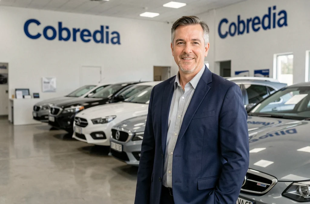 Vendeur professionnel de Cobredia dans le showroom de la concession avec des voitures d'occasion en arrière-plan